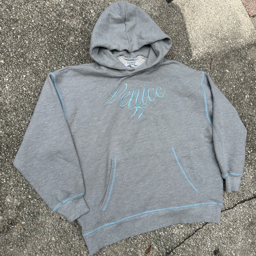 Frankies Bikinis Venice Hoodie Grey Blue Contrast Stitch Oversized Sweatshirt OS